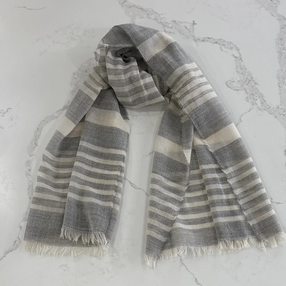 J. Crew Gray & White Striped Lightweight Woven Long Fringe Scarf